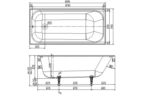 Чугунная ванна Wotte Start 160x75, с ручками, прямоугольная, встраиваемая