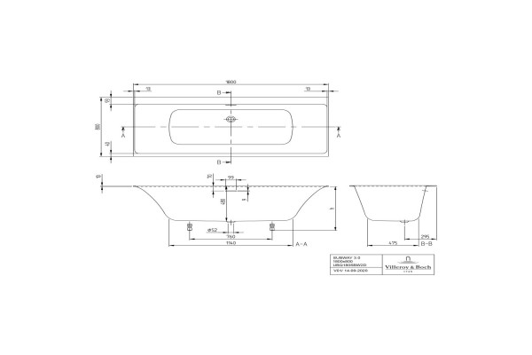 UBQ180SBW2DV-01 SUBWAY 3.0 Ванна 1800x800x480, материал кварил Quaryl®, слив/перелив + ножки