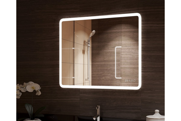 Зеркало Континент Demure LED 80х60 с часами и подогревом в современном стиле