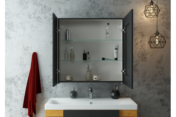 Зеркало-шкаф Континент Mirror Box black LED 80х80 с подсветкой, с полками,  в современном стиле