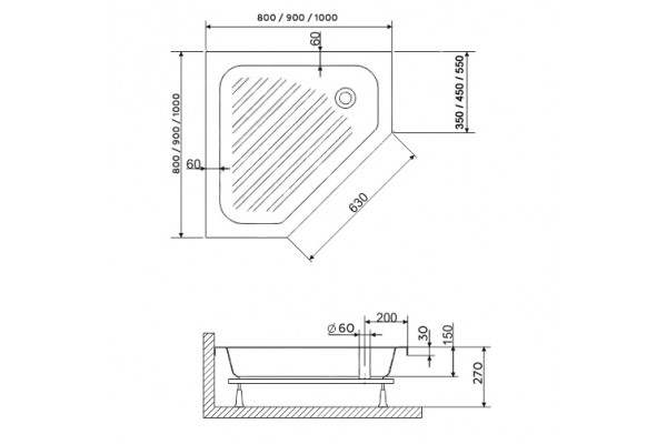 Душевой поддон трапеция RGW BT/CL-S (800x800)