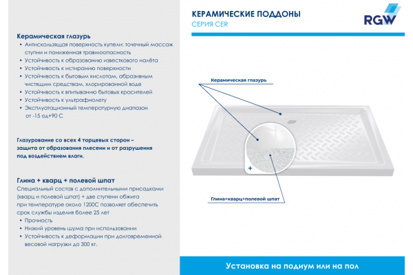 Душевой поддон прямоугольный керамический RGW CR (Глубина 75) (800x1400)