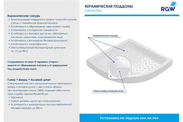 Душевой поддон полукруглый керамический RGW CR/R (800x800)