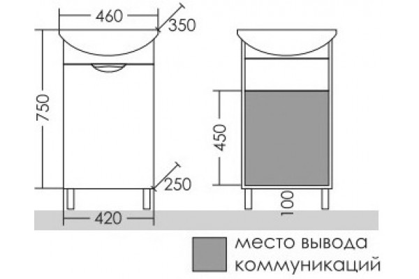 Тумба для комплекта СанТа Родос 45 напольная с дверками, правая