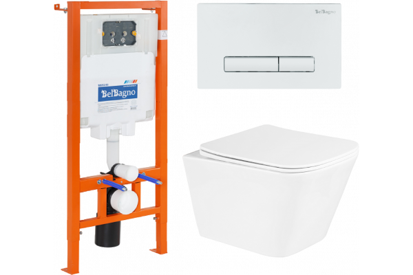 Комплект Унитаз подвесной BelBagno Due BB3103CHR/SC безободковый, с микролифтом + Система инсталляции для унитазов BelBagno BB002-80 с кнопкой смыва B