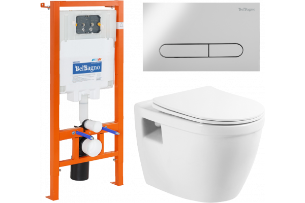 Комплект Унитаз подвесной BelBagno Loto BB070CHR/SC безободковый, с микролифтом + Система инсталляции для унитазов BelBagno BB002-80 с кнопкой смыва B