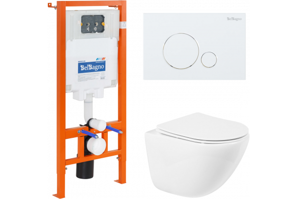 Комплект Унитаз подвесной BelBagno Amanda BB051CHR крышка BB051SC, безободковый, с микролифтом + Система инсталляции для унитазов BelBagno BB002-80 с