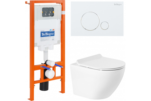Комплект Унитаз подвесной BelBagno Sfera-r BB046CHR крышка BB2111SC, безободковый, с микролифтом + Система инсталляции для унитазов BelBagno BB002-80