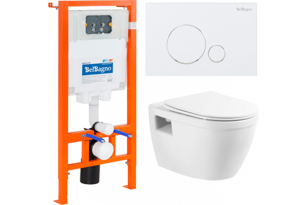 Комплект Унитаз подвесной BelBagno Loto BB070CHR/SC безободковый, с микролифтом + Система инсталляции для унитазов BelBagno BB002-80 с кнопкой смыва B