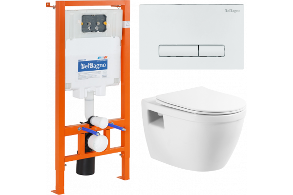 Комплект Унитаз подвесной BelBagno Loto BB070CHR/SC безободковый, с микролифтом + Система инсталляции для унитазов BelBagno BB002-80 с кнопкой смыва B