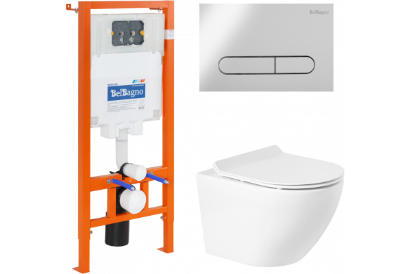 Комплект Унитаз подвесной BelBagno Sfera-r BB046CHR крышка BB2111SC, безободковый, с микролифтом + Система инсталляции для унитазов BelBagno BB002-80