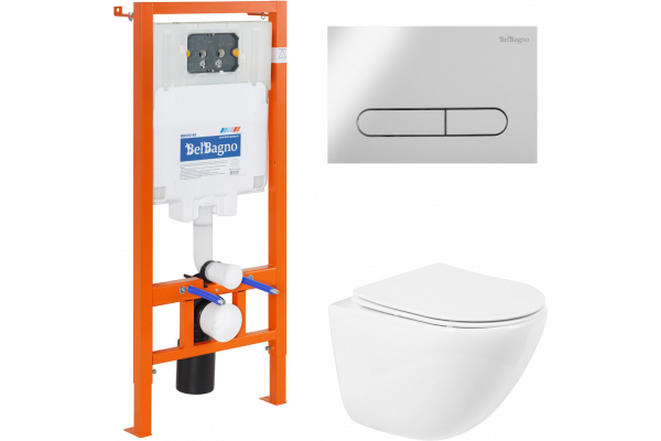 Комплект Унитаз подвесной BelBagno Amanda BB051CHR крышка BB051SC, безободковый, с микролифтом + Система инсталляции для унитазов BelBagno BB002-80 с