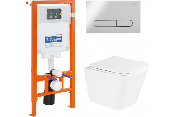 Комплект Унитаз подвесной BelBagno Due BB3103CHR/SC безободковый, с микролифтом + Система инсталляции для унитазов BelBagno BB002-80 с кнопкой смыва B