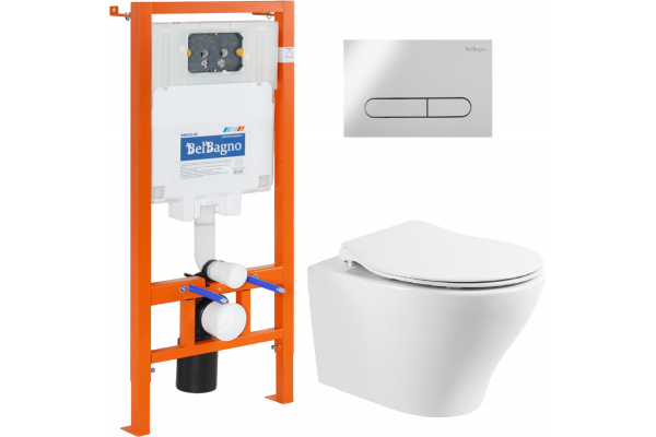 Комплект Унитаз подвесной BelBagno Acqua BB340CHR крышка BB2020SC, безободковый, с микролифтом + Система инсталляции для унитазов BelBagno BB002-80 с