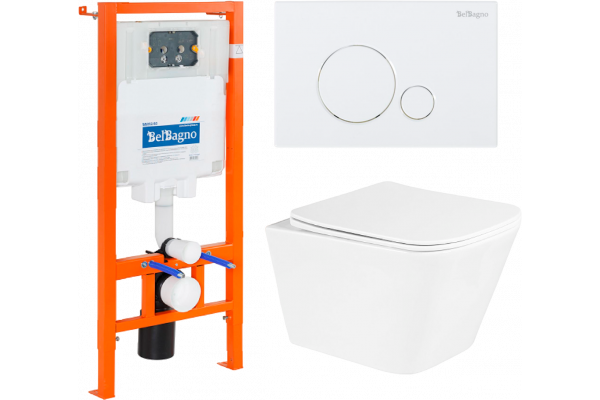 Комплект Унитаз подвесной BelBagno Due BB3103CHR/SC безободковый, с микролифтом + Система инсталляции для унитазов BelBagno BB002-80 с кнопкой смыва B