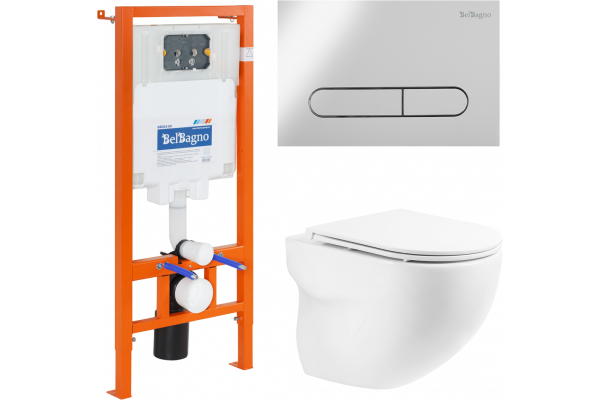 Комплект Унитаз подвесной BelBagno Onda BB066CHR крышка BB870SC, безободковый, с микролифтом + Система инсталляции для унитазов BelBagno BB002-80 с кн