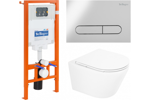 Комплект Унитаз подвесной BelBagno Tre BB8001CHR/SC безободковый, с микролифтом + Система инсталляции для унитазов BelBagno BB002-80 с кнопкой смыва B