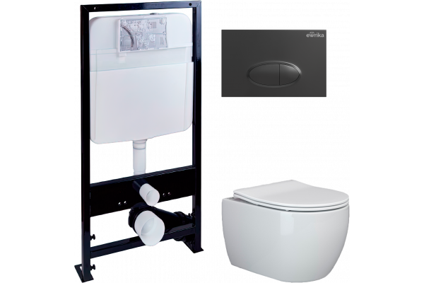 Комплект Унитаз подвесной Ceramicanova Play CN3001 с микролифтом, безободковый + Инсталляция EWRIKA ProLT 0026-2020 + Кнопка 0054 черная матовая