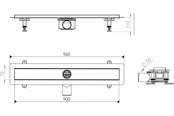 Душевой лоток CK DRAIN AQPP01-90 Steel 90 см, из нержавеющей стали, дизайн решетка из нержавеющей стали