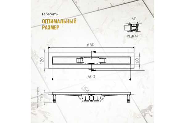 Душевой трап (лоток) CK DRAIN AQCP11-60 Plain GOLD 60 см, щелевая решетка из нержавеющей стали, золото, с рамкой