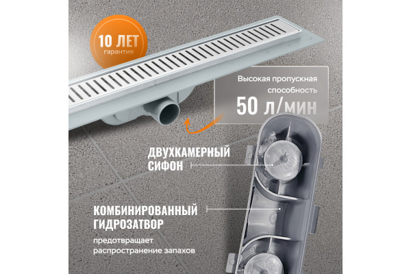 Душевой лоток CK DRAIN AQCP11-60 Stick 60 см, решетка из нержавеющей стали, с рамкой