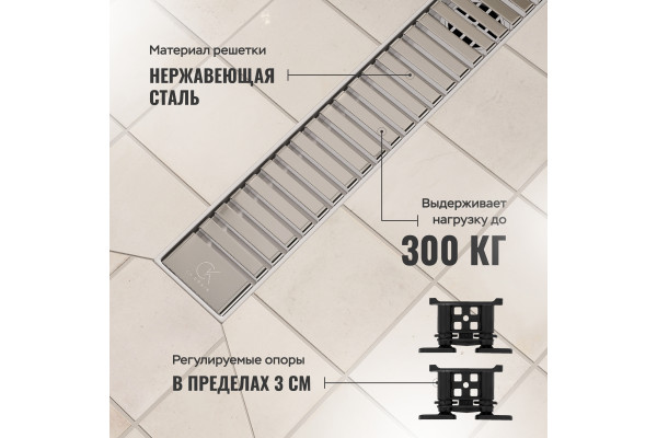 Душевой лоток CK DRAIN AQPP01-60 Steel 60 см, из нержавеющей стали, дизайн решетка из нержавеющей стали
