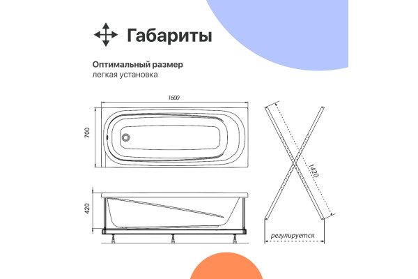 Акриловая ванна DIWO Кострома 160x70 см, с каркасом