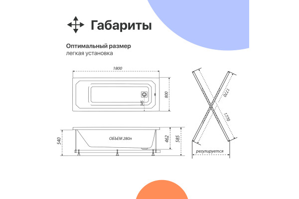 Акриловая ванна DIWO Элиста 180x80 см, с каркасом