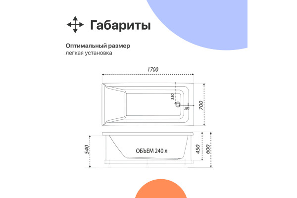 Акриловая ванна DIWO Переславль 170x70 см, с ножками