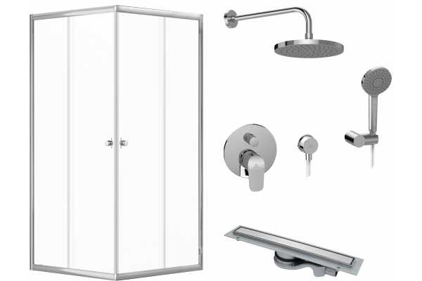 Комплект Душевой уголок DIWO Анапа 90х90, профиль хром глянец + Лоток CK DRAIN 1105-00155 55 см, с мокрым затвором, щелевой, из нержавеющей стали, с решеткой + Комплект Ideal Standard Ceraflex BC447AA С ВНУТРЕННЕЙ ЧАСТЬЮ