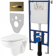 Комплект Унитаз подвесной Seramiksan Petite + Крышка AG50006 с микролифтом + Инсталляция DIWO + Кнопка 7325 золотая