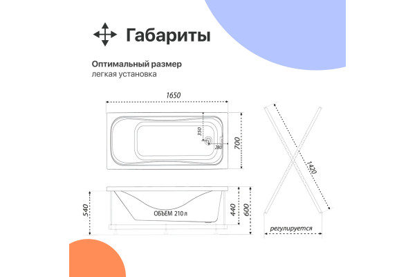 Акриловая ванна DIWO Самара 165x70 см, с каркасом