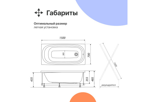 Акриловая ванна DIWO Анапа 150x70 см, с каркасом