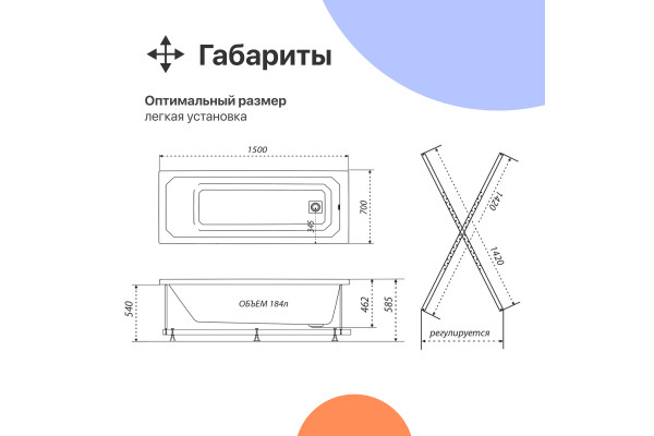 Акриловая ванна DIWO Элиста 150x70 см, с каркасом