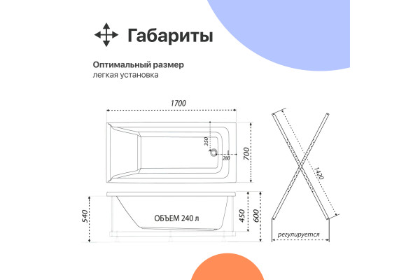 Акриловая ванна DIWO Переславль 170x70 см, с каркасом
