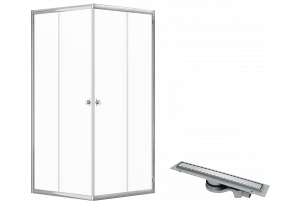 Комплект Душевой уголок DIWO Анапа 90х90, профиль хром глянец + Лоток CK DRAIN 1105-00155 55 см, с мокрым затвором, щелевой, из нержавеющей стали, с решеткой