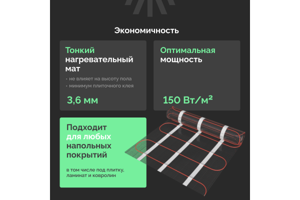 Теплый пол EWRIKA MAT EWR 150-2,5 самоклеящийся, под плитку, под паркетную доску, под керамогранит