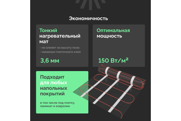 Теплый пол EWRIKA MAT EWR 150-3,5 самоклеящийся, под плитку, под паркетную доску, под керамогранит