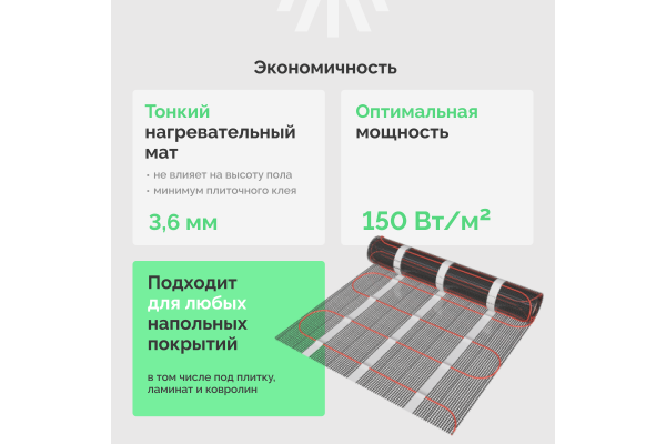 Теплый пол EWRIKA MAT EWR 150-8 самоклеящийся, под плитку, под паркетную доску, под керамогранит