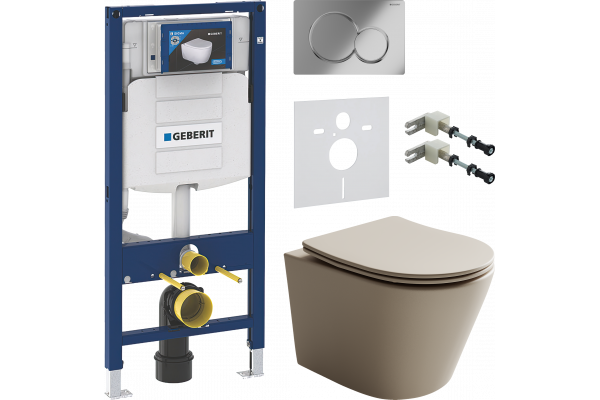 Комплект Унитаз подвесной Ceramicanova Balearica Rimless CN6000MC капучино матовый + Крепления Geberit Duofix 111.815.00.1 к стене + Шумоизоляция + Инсталляция UP 320 111.300.00.5 + Кнопка Sigma 01 115.770.21.5 хром