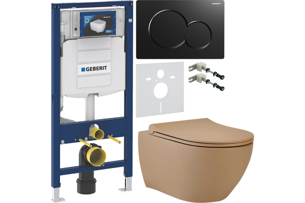 Комплект Унитаз подвесной beWash Bogen 88303273 с сиденьем микролифт латте + Крепления Geberit Duofix 111.815.00.1 к стене + Шумоизоляция + Инсталляция UP 320 111.300.00.5 + Кнопка Sigma 01 115.770.DW.5 черная