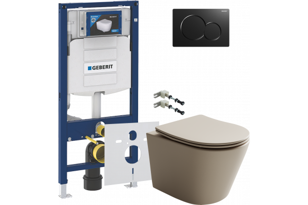 Комплект Унитаз подвесной Ceramicanova Balearica Rimless CN6000MC капучино матовый + Крепления Geberit Duofix 111.815.00.1 к стене + Шумоизоляция + Инсталляция UP 320 111.300.00.5 + Кнопка Sigma 01 115.770.DW.5 черная