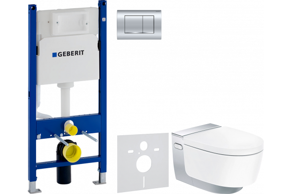 Комплект Унитаз подвесной Geberit AquaClean Mera Comfort 146.214.21.1 с системой удаления запахов, глянцевый хром + Инсталляция Duofix Delta 458.163.21.1 с кнопкой смыва, хром + Шумоизоляция