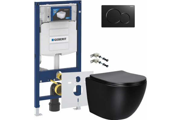 Комплект Унитаз подвесной Vincea Globo VT1-14SMB черный + Крепления Geberit Duofix 111.815.00.1 к стене + Шумоизоляция + Инсталляция UP 320 111.300.00.5 + Кнопка Sigma 01 115.770.DW.5 черная