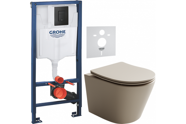 Комплект Унитаз подвесной Ceramicanova Balearica Rimless CN6000MC капучино матовый + Шумоизоляция Grohe + Инсталляция Solido 38811KFO 3 в 1 с кнопкой смыва