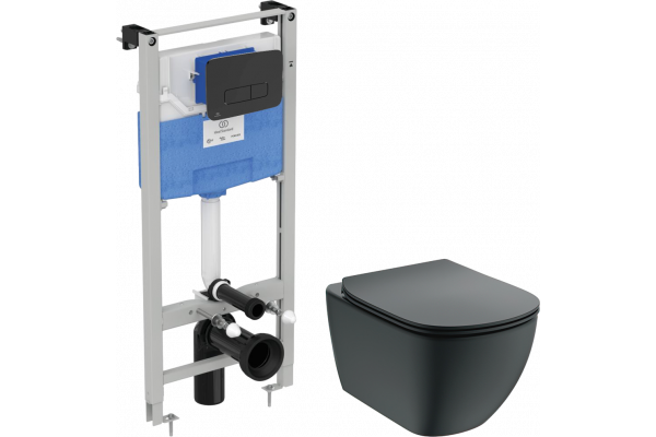 Комплект Унитаз подвесной Ideal Standard IdealMood T4665V3 безободковый, с микролифтом, матовый черный + Инсталляция ProSys R0308A6 с кнопкой смыва черной матовой