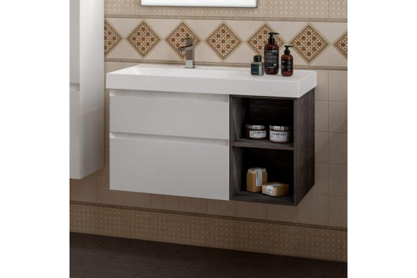 Тумба с раковиной Kerama Marazzi Cubo 90, левая подвесная, с ящиками и полкой, белая матовая, древесная