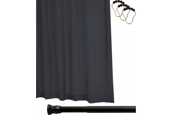 Штора для ванной Ridder Madison 45300 черная, 180x200 + телескопический карниз Ridder Wien 55211 + крючки для шторы