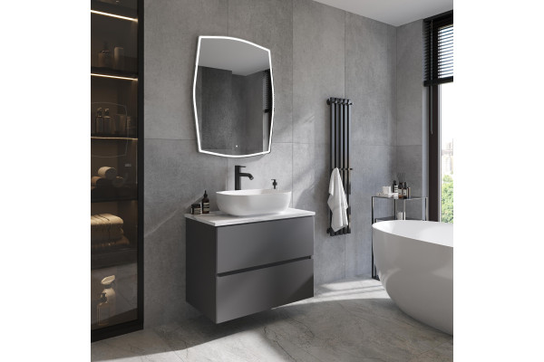 Тумба с раковиной STWORKI Колдинг 80 антрацит, с раковиной Moduo 50 Square, столешница белая матовая