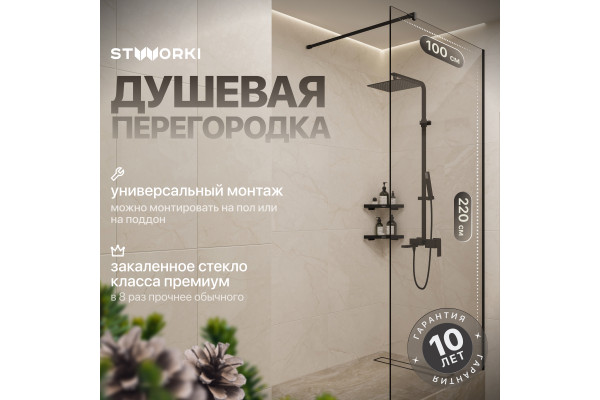 Душевая перегородка STWORKI Берген 100 см, профиль черный матовый, прозрачное стекло